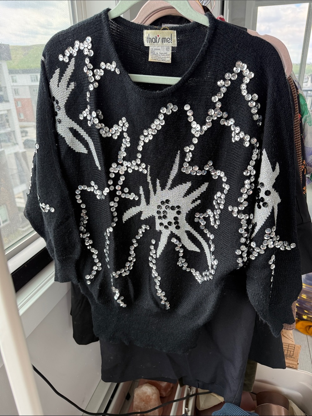 Vintage black silver sequins ugly sweater medium abstract floral holiday cozy